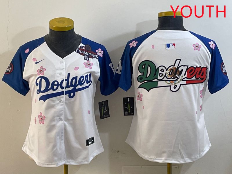 Youth Los Angeles Dodgers Blank White Blue Sakura Edition 2025 Nike MLB Jersey style 8->youth mlb jersey->Youth Jersey